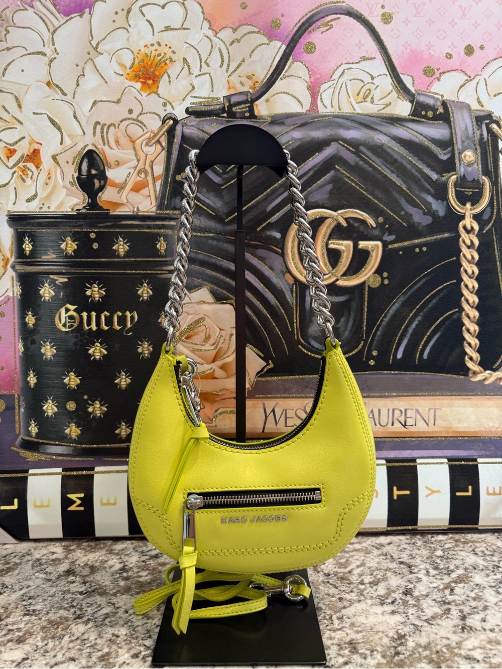 Marc Jacobs Lime Yellow Crescent Mini Bag with Silver Chain